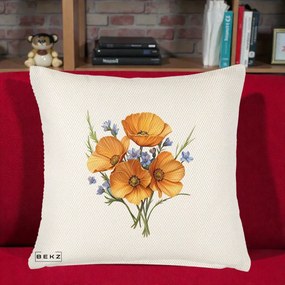 Perna Decorativa Maci Portocalii cu Floricele Albastre, 40x40 cm, Crem Reliefat, Husa Detasabila, Perna Inclusa, BEKZ®