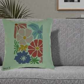 Perna Decorativa Flori Grafice Roz-Rosu-Albastru, 40x40 cm, Verde, Husa Detasabila, Perna Inclusa, BEKZ®