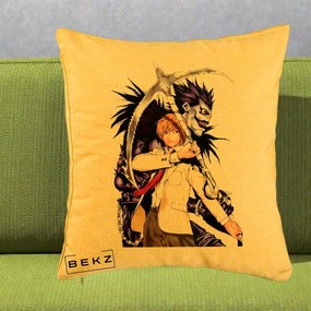 Perna Personalizata Death Note Light si Ryuk Duo, 40x40 cm, Galben, Husa Detasabila, Perna Inclusa, BEKZ®