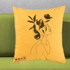 Perna Decorativa Portret Feminin Crin Verde, 40x40 cm, Galben, Husa Detasabila, Perna Inclusa, BEKZ®