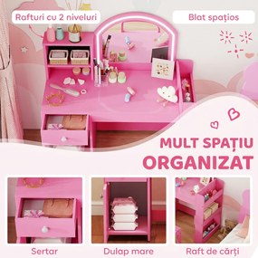 AIYAPLAY Set masă și scaun de machiaj pentru copii, cu lumini LED, MDF, Acril, 88.6 x 38.8 x 96.9, Roz | Aosom Romania