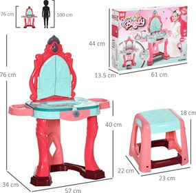 AIYAPLAY Masă de Machiaj pentru Fetițe cu Scăunel, Oglindă, Lumini și Accesorii, 57x34x76 cm, Multicolor | Aosom Romania