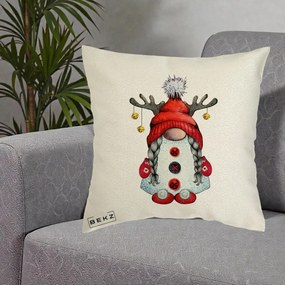 Perna Decorativa Pitic Gnom Craciun cu Coarne de Ren, 40x40 cm, Ecru, Husa Detasabila, Perna Inclusa, BEKZ®