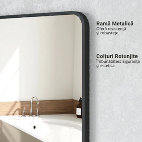 HOMCOM Oglindă de baie cu ramă metalică și agățătoare, 50x2.5x70 cm, negru | Aosom Romania