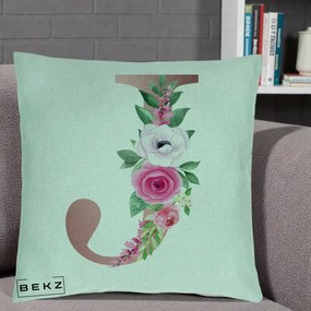 Cadou Personalizat - Perna Personalizata Monograma Rose Gold Litera J, 40x40 cm, Verde Menta, Husa Detasabila, Perna Inclusa, BEKZ®
