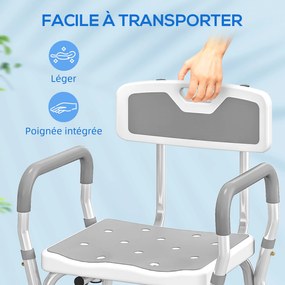 HOMCOM Taburet/Scaun de duș ergonomic înălțime reglabilă picioare antiderapante 56,5 x 53,5 x 87 cm alb și gri | Aosom Romania