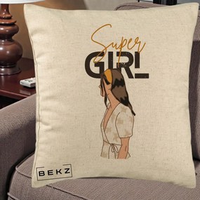 Perna Decorativa Super Girl Aesthetic, 40x40 cm, Bej, Husa Detasabila, Perna Inclusa, BEKZ®