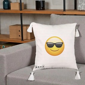 Perna Decorativa Emoji Cool Ochelari, 40x40 cm, Bej cu Franjuri, Husa Detasabila, Perna Inclusa, BEKZ®