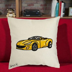 Perna Personalizata Masina Cabriolet Galbena Grafic, 40x40 cm, Ecru, Husa Detasabila, Perna Inclusa, BEKZ®