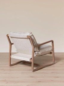 Fotoliu lounge bej din stofă de in organic cu structură din lemn de stejar, „Serene”