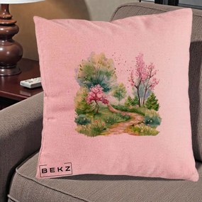 Perna Decorativa Gradina Primavara Acuarela, 40x40 cm, Roz, Husa Detasabila, Perna Inclusa, BEKZ®