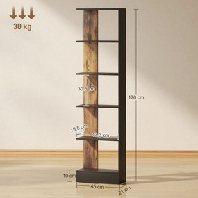 HOMCOM Raft Îngust cu 5 Etajere, Raft Economisitor de Spațiu Modern din Lemn, Bibliotecă pentru Baie, Living, Dormitor, Birou, 45x21x170 cm, Maro Rustic | Aosom Romania