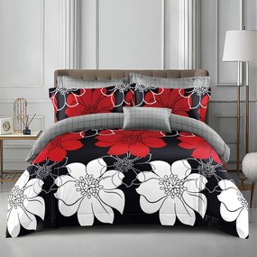 Lenjerie pat dublu cu doua feţe  4 piese  Bumbac Satinat Superior  Negru  flori
