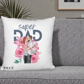 Cadou pentru Tata - Perna Personalizata Super Dad Tata cu Fetita si Flori, 40x40 cm, Alb Pufos, Husa Detasabila, Perna Inclusa, BEKZ®