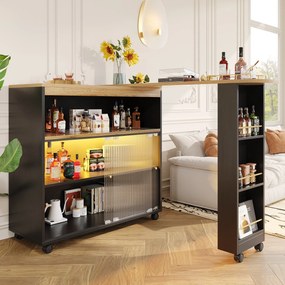 Masă bar modernă extensibilă și mobilă, cu LED, spațiu mare de depozitare, 138-204×39×105 cm, Negru