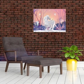 Tablou pe sticlă - Unicorn în pădurea fermecată (70x50 cm)