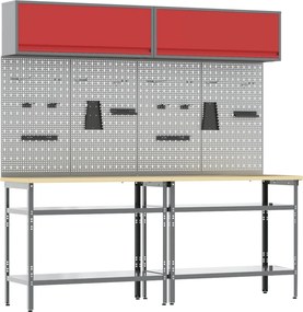 vidaXL Set banc de lucru 8 pcs Roșu și gri Oțel vopsit electrostatic