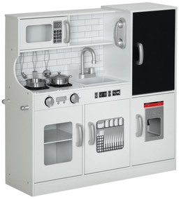 AIYAPLAY Bucătărie pentru copii, bucătărie de jucărie cu telefon, tablă, cuptor cu microunde, cuptor, chiuvetă, accesorii, mașină de cuburi de gheață, 3-8 ani, alb | Aosom Romania