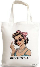 Sacosa de Panza pentru Cumparaturi, Geanta Tote, model Respectfully 2 38 x 34.5 cm, Alba, BEKZ®