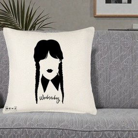 Perna Personalizata Wednesday Addams Silueta Alb-Negru, 40x40 cm, Crem Reliefat, Husa Detasabila, Perna Inclusa, BEKZ®