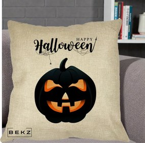 Perna Decorativa Happy Halloween Dovleac Negru cu Paianjen, 40x40 cm, Crem, Husa Detasabila, Perna Inclusa, BEKZ®