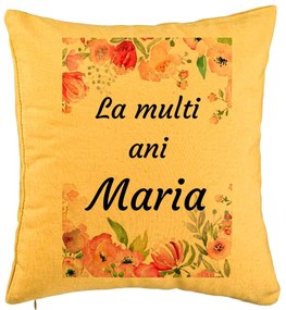 Perna Decorativa, Model La multi ani Maria 2, 40x40 cm, Galben, Husa Detasabila, Burduf