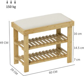HOMCOM Bancă pentru încălțăminte din bambus, etajeră pentru încălțăminte cu 3 niveluri, stil scandinav, 60 x 29 x 49 cm, crem și lemn natural | Aosom Romania
