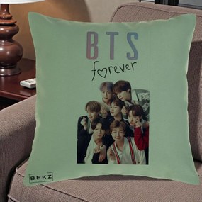 Perna Personalizata K-pop BTS Forever cu Foto Grup Negru, 40x40 cm, Verde, Husa Detasabila, Perna Inclusa, BEKZ®