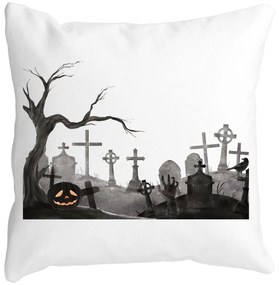 Perna Decorativa cu motiv Cimitir de Halloween, 40x40 cm, Alba, Mata, Husa Detasabila, Burduf