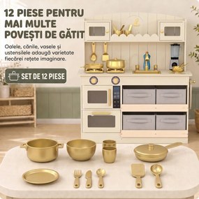 AIYAPLAY Bucătărie de Jucărie pentru Copii din Lemn, cu Lumini și Sunete, 4 Sertare din Material Textil, 12 Accesorii, Cadou, 3-6 Ani | Aosom Romania