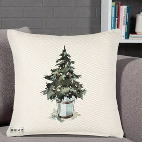 Perna Decorativa Brad in Galeata Watercolor, 40x40 cm, Crem Reliefat, Husa Detasabila, Perna Inclusa, BEKZ®