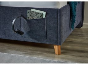 Pat pentru copii albastru închis pe colț tapițat cu spațiu de depozitare cu somieră 90x200 cm Fun – Meise Möbel