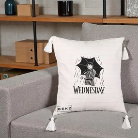 Perna Personalizata Wednesday cu Umbrela Ploaie Lineart, 40x40 cm, Bej cu Franjuri, Husa Detasabila, Perna Inclusa, BEKZ®