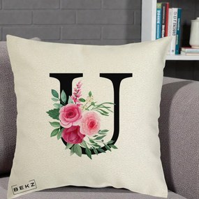 Cadou Personalizat - Perna Personalizata Monograma Florala Litera U, 40x40 cm, Ecru, Husa Detasabila, Perna Inclusa, BEKZ®