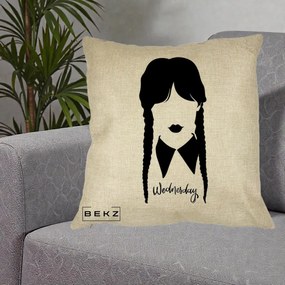 Perna Personalizata Wednesday Addams Silueta Alb-Negru, 40x40 cm, Crem, Husa Detasabila, Perna Inclusa, BEKZ®