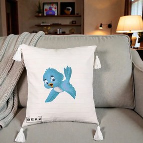 Perna Decorativa Pui de Pasare Albastru, 40x40 cm, Bej cu Franjuri, Husa Detasabila, Perna Inclusa, BEKZ®