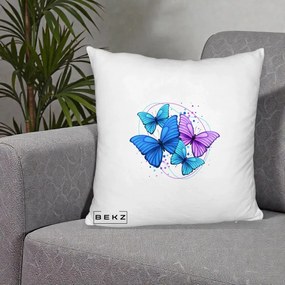 Perna Decorativa Patru Fluturi Turcoaz-Violet, 40x40 cm, Alb Pufos, Husa Detasabila, Perna Inclusa, BEKZ®