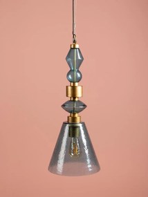 Lustră din sticlă albastră cu structură din alamă antichizată, formă conică, 65 × 25 cm, „Astrolab"
