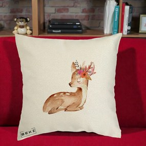 Perna Decorativa Caprioara cu Flori in Coama, 40x40 cm, Ecru, Husa Detasabila, Perna Inclusa, BEKZ®