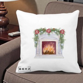 Perna Decorativa Semineu de Craciun Watercolor, 40x40 cm, Alba Mata, Husa Detasabila, Perna Inclusa, BEKZ®