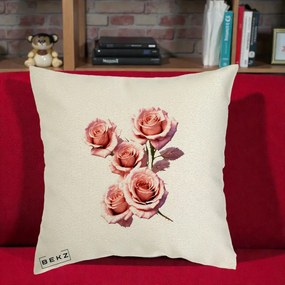 Perna Decorativa Trandafiri Roz Pastel Acuarela, 40x40 cm, Ecru, Husa Detasabila, Perna Inclusa, BEKZ®