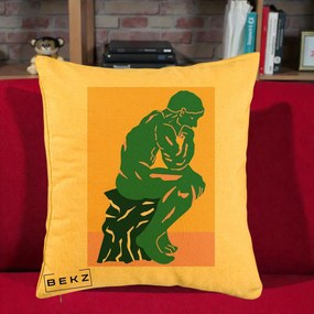 Perna Decorativa Ganditorul Sculptura Pop Art, 40x40 cm, Galben, Husa Detasabila, Perna Inclusa, BEKZ®
