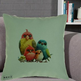 Perna Decorativa Familie de Pasarele Colorate, 40x40 cm, Verde, Husa Detasabila, Perna Inclusa, BEKZ®