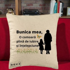 Cadou pentru Bunica - Perna Personalizata Bunica Mea Comoara Iubire Intelepciune Varianta Extinsa, 40x40 cm, Bej, Husa Detasabila, Perna Inclusa, BEKZ®