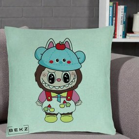 Perna Personalizata Labubu x Urs Albastru Colorat, 40x40 cm, Verde Menta, Husa Detasabila, Perna Inclusa, BEKZ®