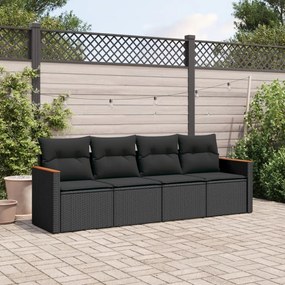 Set mobilier de gradina cu perne, 4 piese, negru, poliratan