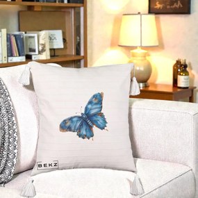 Perna Decorativa Fluture Albastru Satin cu Pete Aurii, 40x40 cm, Bej cu Franjuri, Husa Detasabila, Perna Inclusa, BEKZ®