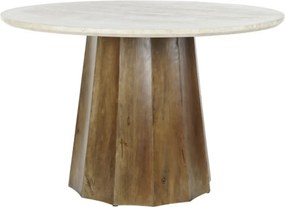 Masă dining rotundă din lemn de mango, natur, 4–5 locuri, cu blat din marmură și picior central, 78 x 120 cm, „Elaris”