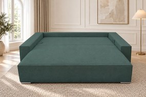 Canapea extensibilă Perla din boucle, verde marin, cu ladă de depozitare