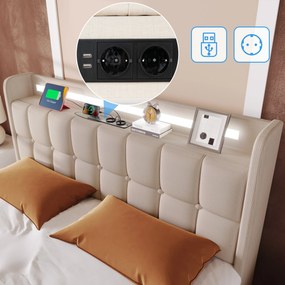 Pat cu tăblie USB și iluminare LED, 4 sertare, structură din lemn, tăblie tapițată, 140x200 cm, Bej